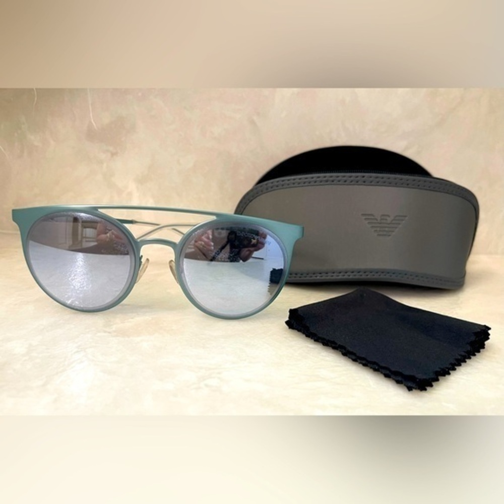 😎Emporio Armani Round Metal Green Blue Turquoise Sunglasses Case & Lens Cloth